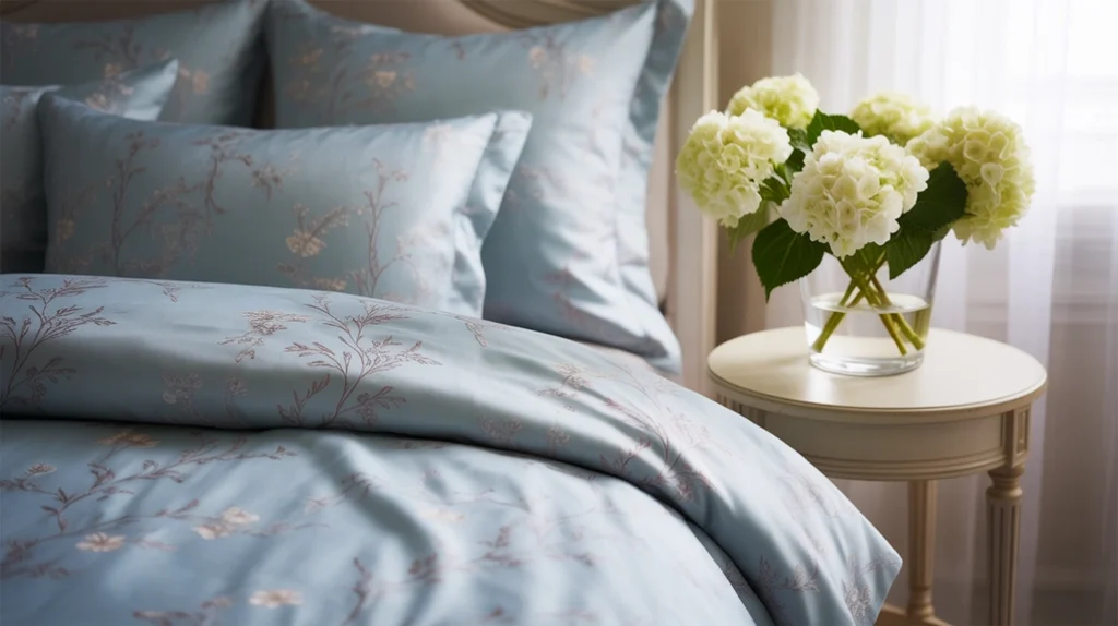 Blue floral patterns bringing a romantic touch to a cozy cream bedroom interior.