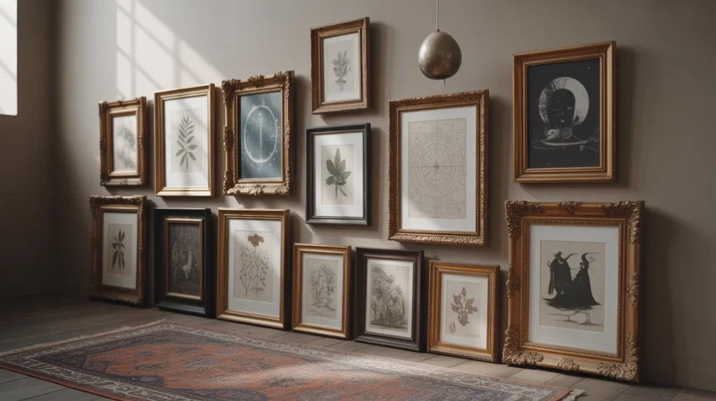 Gallery wall of witchy art and celestial prints.