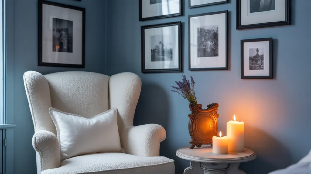 Cream photo frames personalizing a tranquil blue and cream bedroom space.