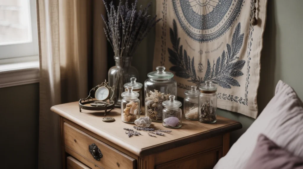 Personal witchy bedroom with crystals and meaningful decor.