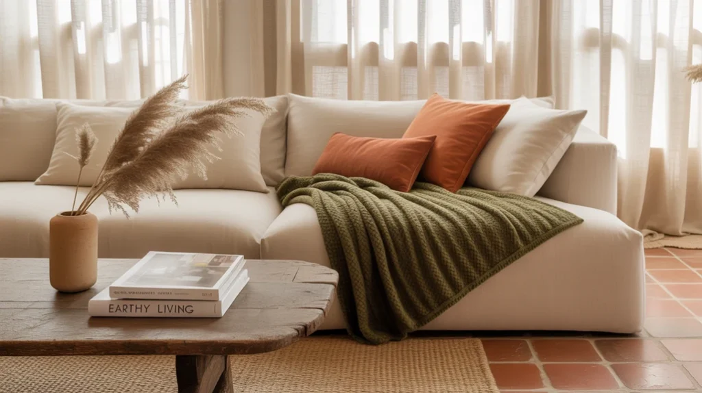 earthy living room color palette with beige, olive, and terracotta