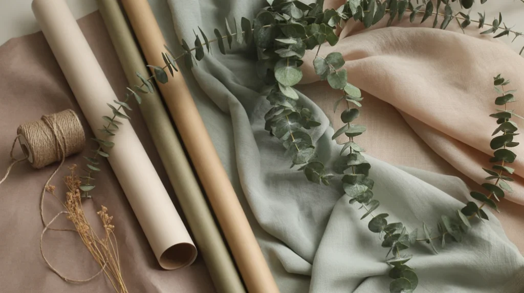 Greige and sage-green neutral holiday color scheme featuring eucalyptus garlands and soft organic tones.