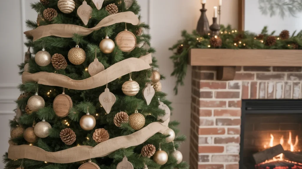 Rustic farmhouse Christmas tree decorated with burlap ribbons, pinecones, and matte gold ornaments for cozy country holiday charm.