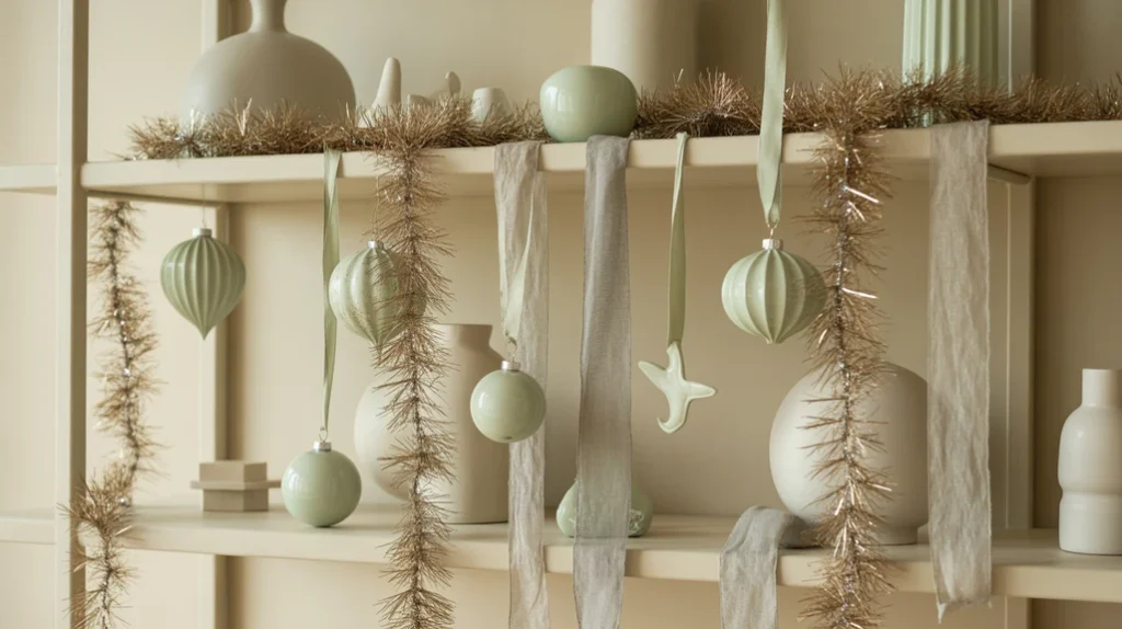 Sage green and champagne gold minimalist Christmas décor with linen ribbons and white ceramics.