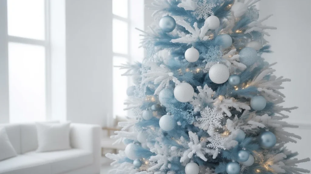 Sky blue and white Christmas tree with frosted ornaments, snowflake garlands, and twinkling lights for a soft winter wonderland theme.