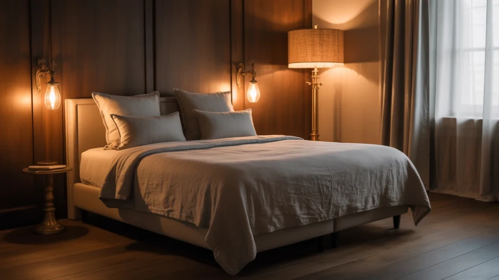 Moody bedroom with ambient lighting and warm-toned bulbs for a cozy glow.