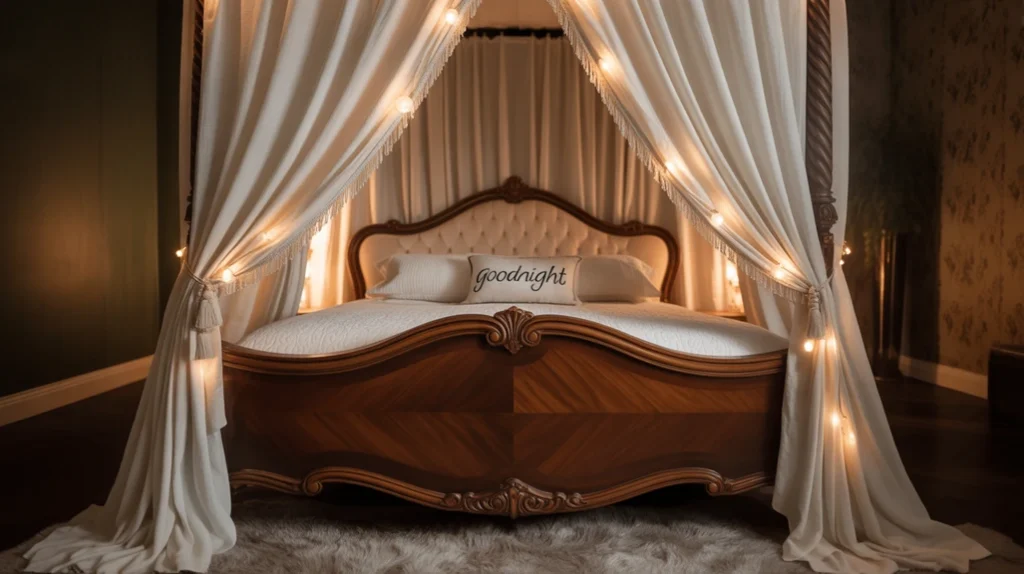 Romantic canopy bed with sheer curtains and soft lighting.