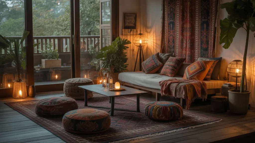 Cozy boho floor seating with poufs, patterned rug, and warm lantern lighting