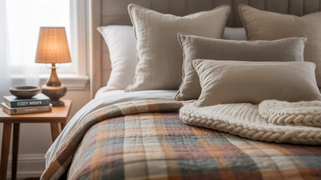 Cozy farmhouse bedroom bedding with layered quilts, pillows, and chunky knit blanket.