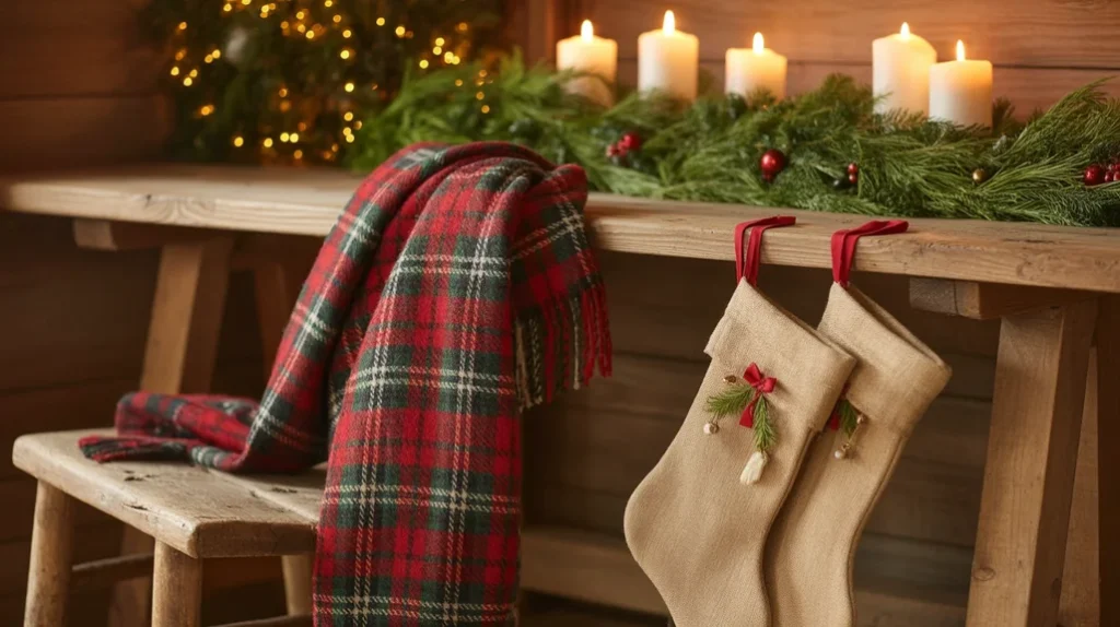 farmhouse christmas decor with red plaid throws, burlap stockings, and rustic wood accents for cozy holiday warmth.