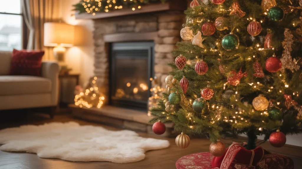 Christmas tree glowing beside fireplace in festive living room setup