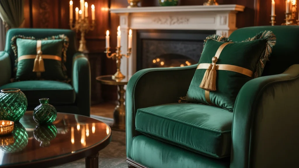Emerald green and gold Christmas decorating color trend 2025 with velvet textures, candles, and garland details.