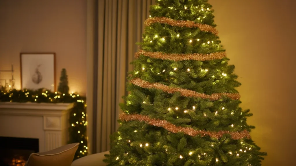 Warm white fairy lights illuminating a green and gold Christmas tree in a cozy living room.