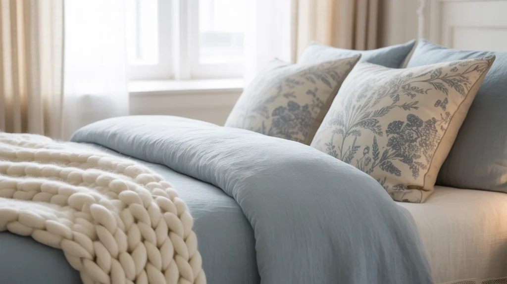 : Layered blue and white bedding with textured pillows and blankets in a cozy coastal bedroom.