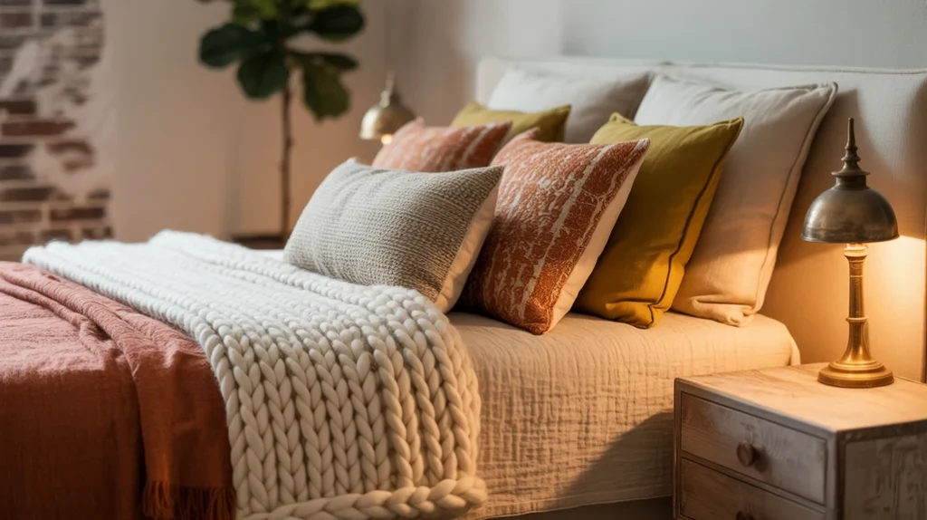 Layered textiles in a cozy bedroom with knit blanket, patterned throws, and cushions