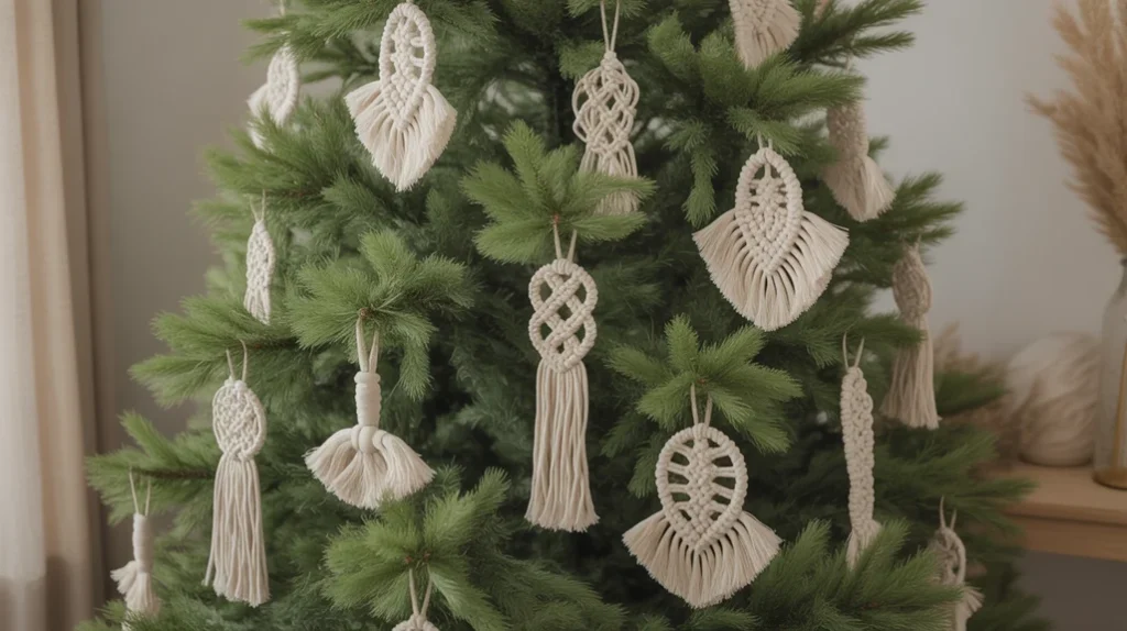 Macramé and woven ornaments on a neutral Christmas tree.