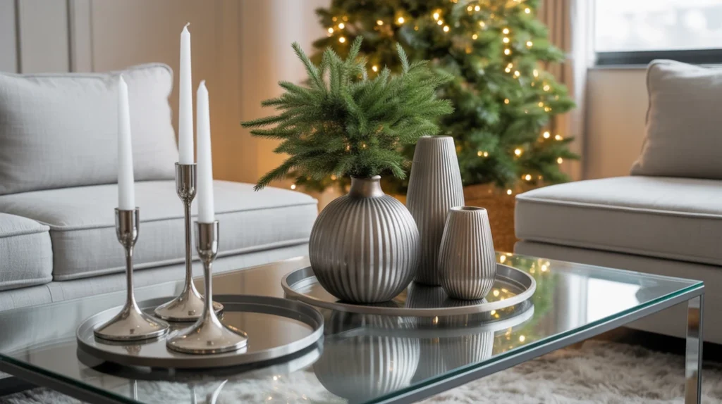 Modern living room featuring metallic silver accents, mirrored trays, and chrome candleholders.