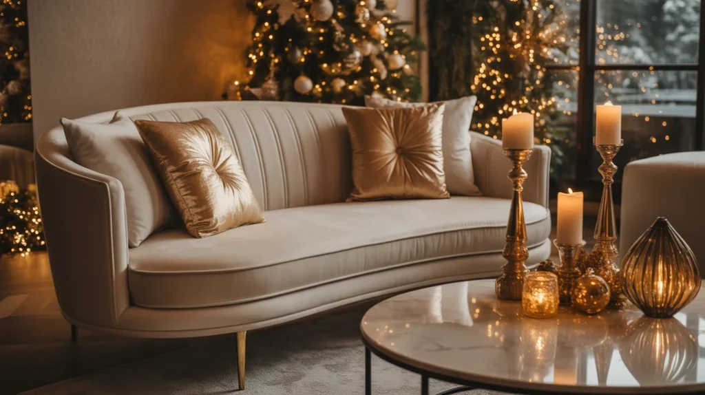 Modern living room decorated for Christmas with metallic ornaments and warm glowing lights.