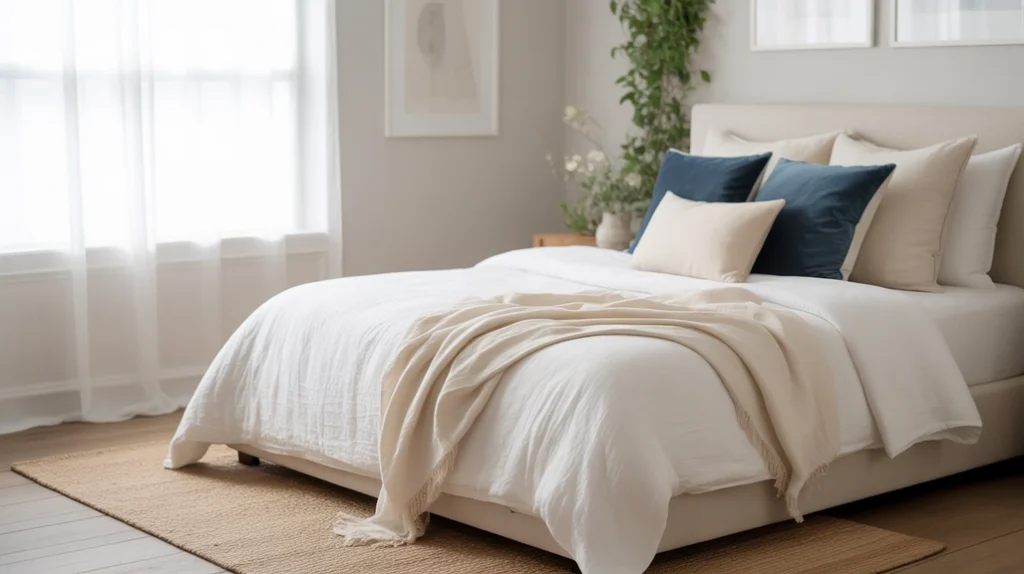 Layered fabrics and textures creating warmth in a cozy blue and cream bedroom.