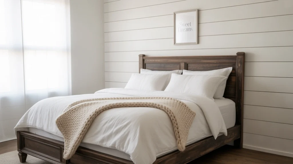 Shiplap accent wall featured in modern farmhouse bedroom ideas with rustic wood bed.