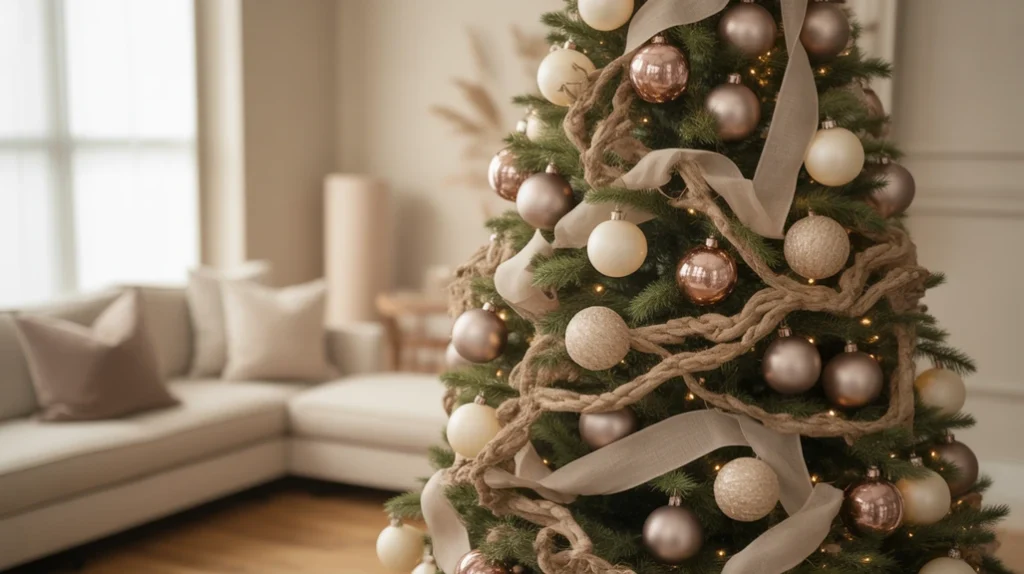 Neutral palette Christmas tree with soft beige, gray, and champagne tones for modern home interiors.