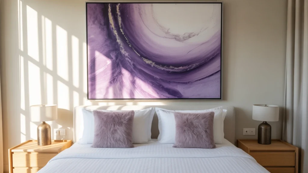 Abstract purple wall art adds modern flair and depth to contemporary purple bedroom ideas.