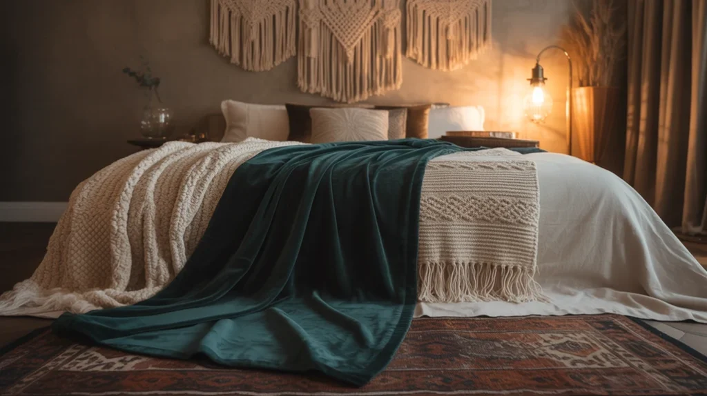 Velvet throws and patterned rugs in cozy witchy bedroom.