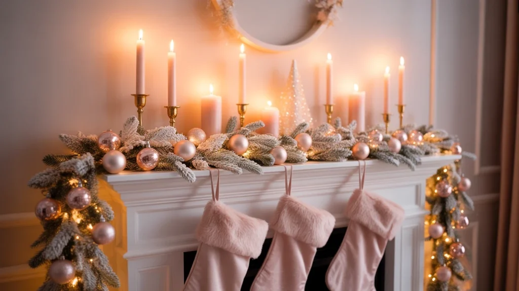 Elegant blush Christmas mantel with frosted garland, gold candleholders, and pink stockings.