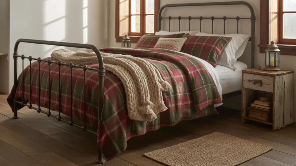 Rustic bedroom farmhouse iron bed with plaid bedding and warm accents