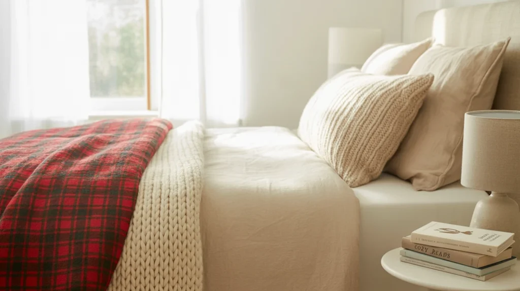 Rustic farmhouse bedroom bedding with layered quilts and throws.