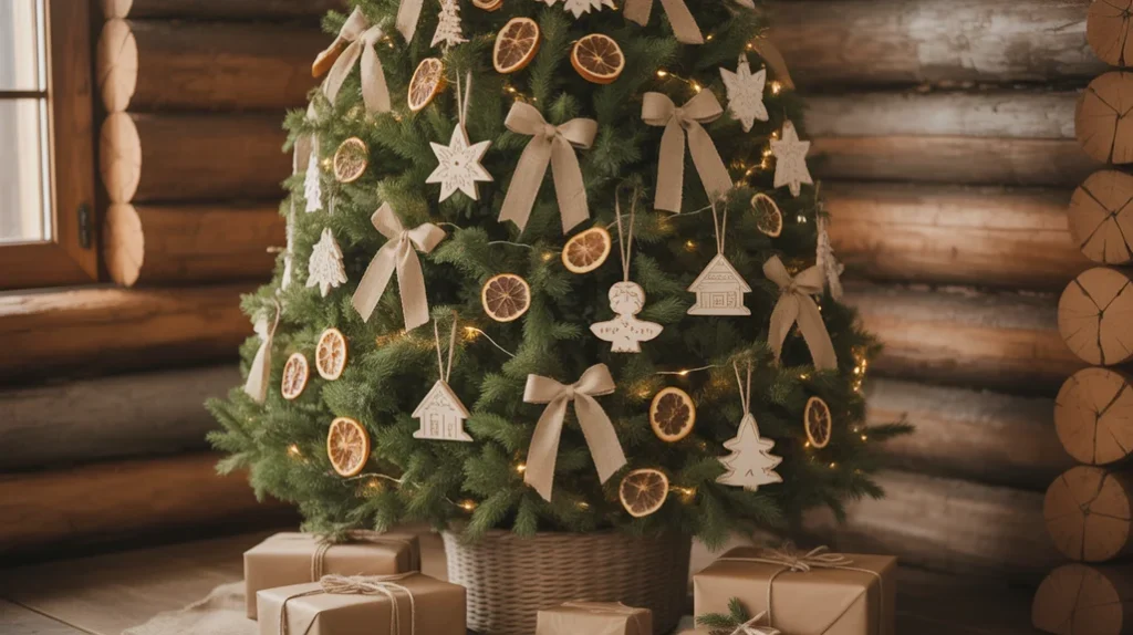 Woodland Christmas tree with burlap ribbons, pinecones, and wooden ornaments in cabin decor theme