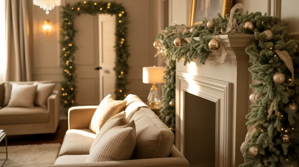 sage green and champagne gold christmas decorations with garlands and metallic accents for a soft elegant holiday palette.
