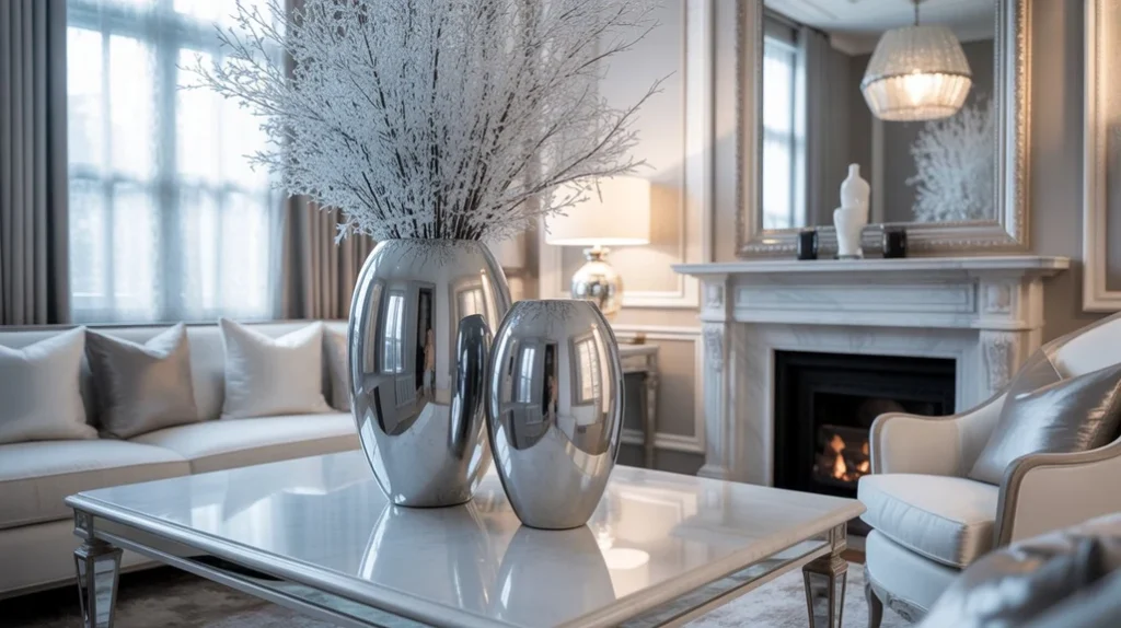 Silver metallic touches and chrome details enhancing a frosty winter interior design palette