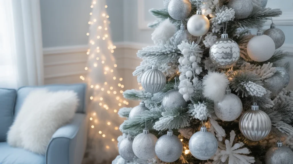 ky-blue and white Christmas tree theme with snowy ornaments and soft fairy lights creating a winter wonderland atmosphere.
