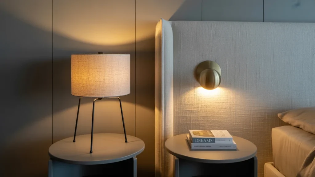 Soft bedside lamps and wall sconces creating a relaxing glow in a cozy bedroom.