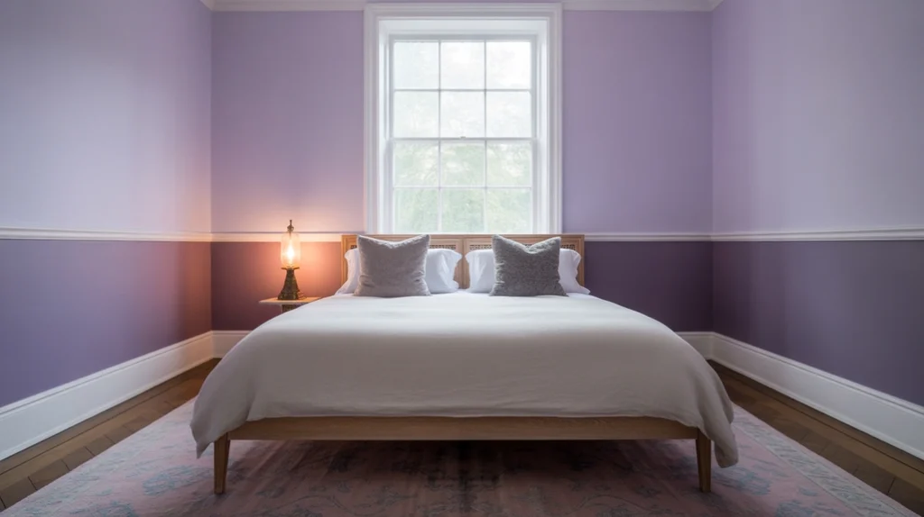 Two-tone lavender and violet walls with white trim for modern dimension — creative purple bedroom ideas.