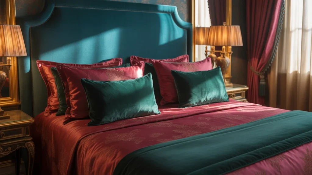 Maximalist bedroom with layered vibrant jewel tones and bold accents.