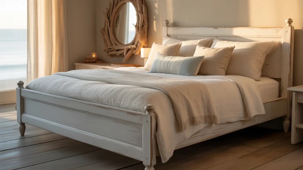 Whitewashed wood bed frame and driftwood decor creating a relaxed boho coastal bedroom style.