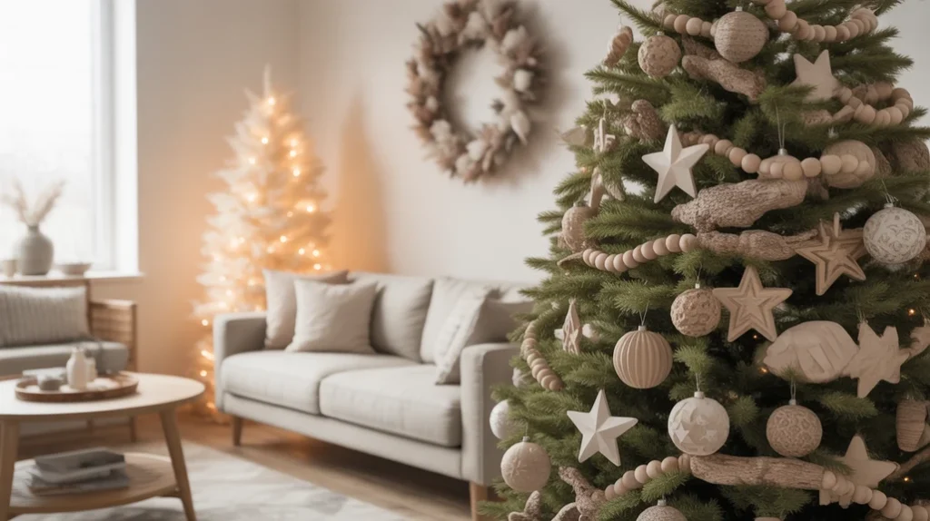 Neutral Christmas tree with wooden ornaments and beads, perfect for a Scandinavian-inspired home.