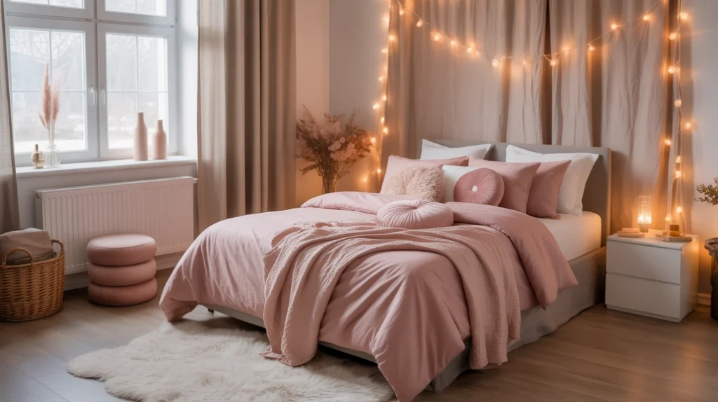 romantic winter bedroom in dusty rose and beige palette with soft lighting and cozy holiday ambiance.