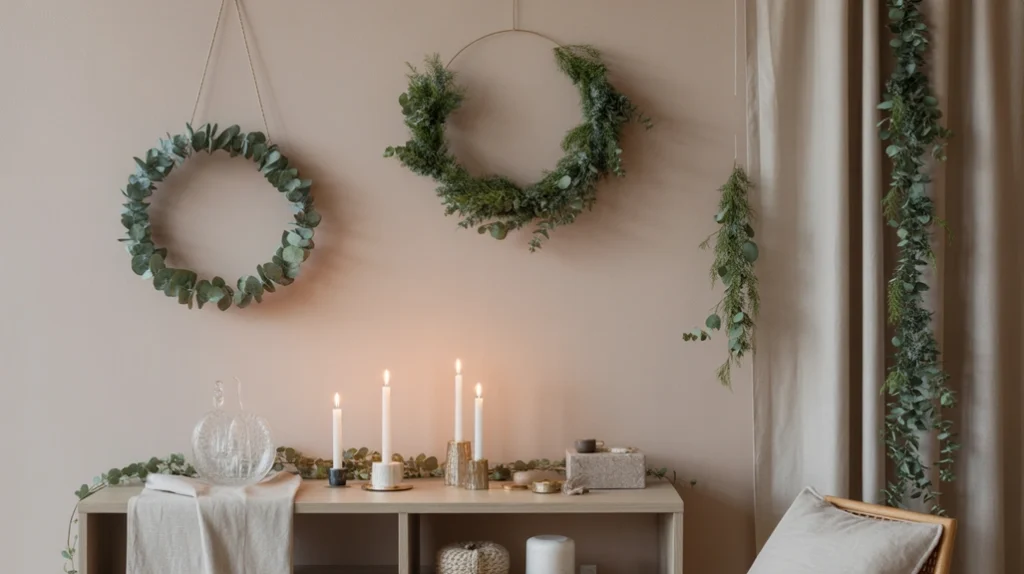 Scandinavian Neutral Christmas Palette with greige tones, eucalyptus garlands, and handmade ceramic decor in a Nordic home.