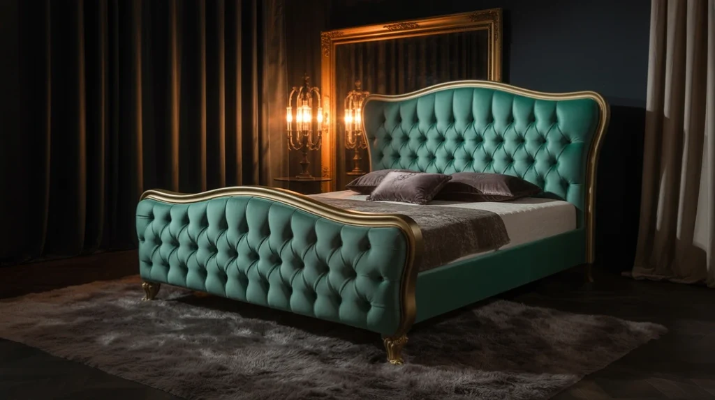 Statement velvet bed in emerald tones with brass lamps and soft glow for a romantic luxe vibe.