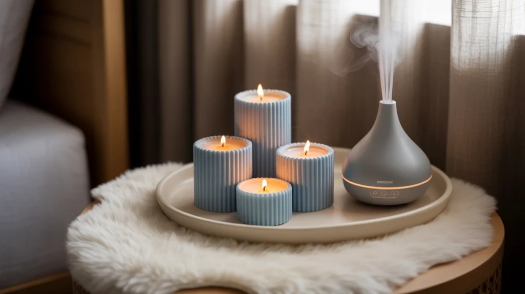 Blue candles and cream ceramic tray completing the cozy vibe of a blue and cream bedroom.