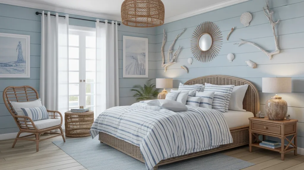 Coastal light blue bedroom with rattan furniture, striped bedding, and seashell accents.