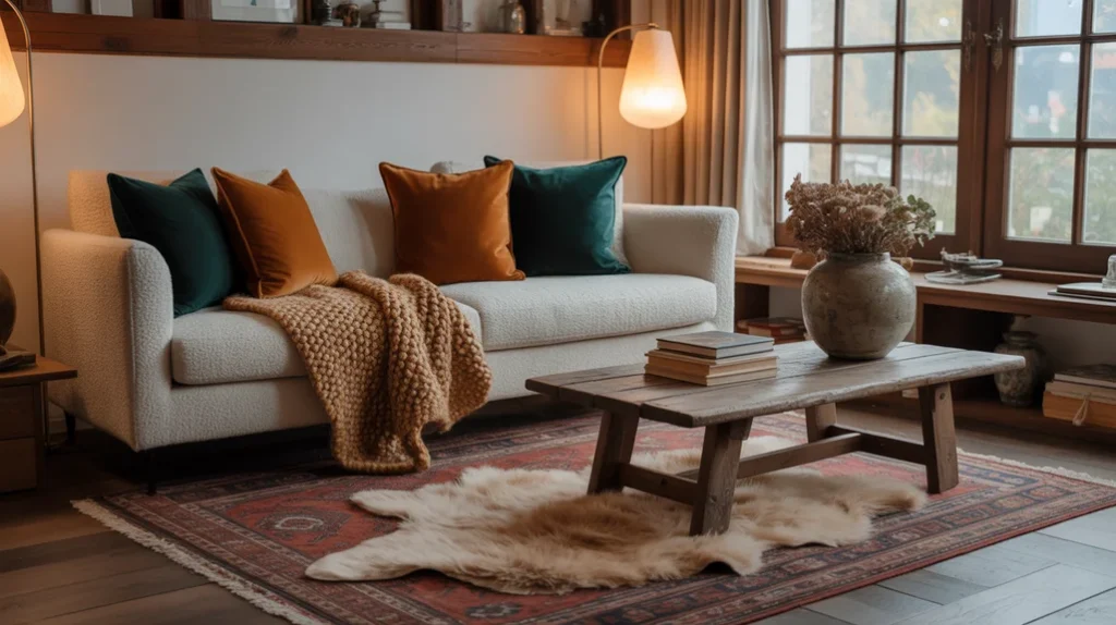 layered rugs and throws adding cozy textures to living room