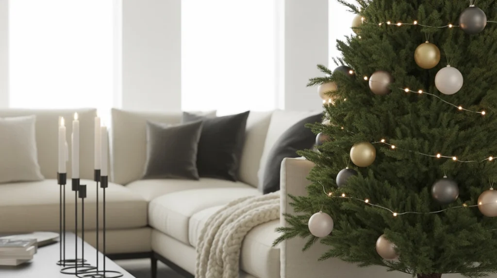 Modern farmhouse interior with cream and charcoal Christmas décor, matte-black ornaments, and cozy lighting.