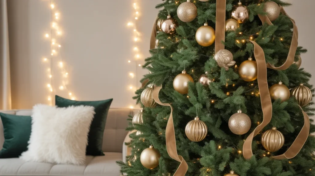 Forest-green tree with metallic gold ornaments and warm fairy lights for a luxe holiday atmosphere.