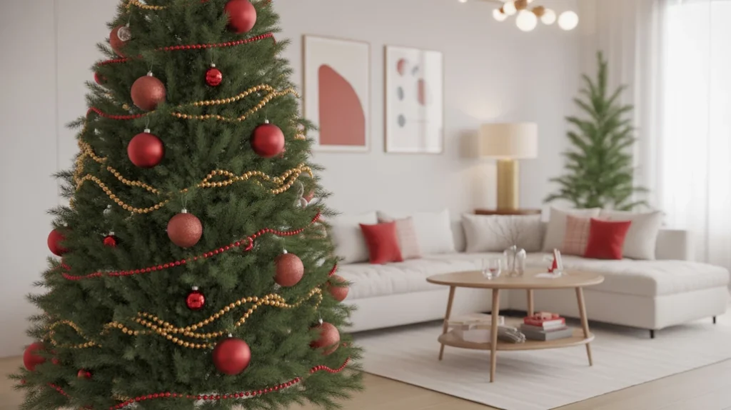 Modern minimalist red and gold Christmas tree with matte baubles, thin gold garland, and white backdrop for Scandinavian-style décor.