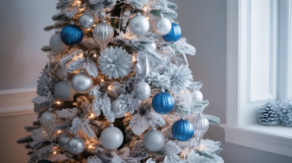 Sapphire and silver Christmas tree decorated with crystal baubles, silver pinecones, and glass garlands for elegant winter sparkle.