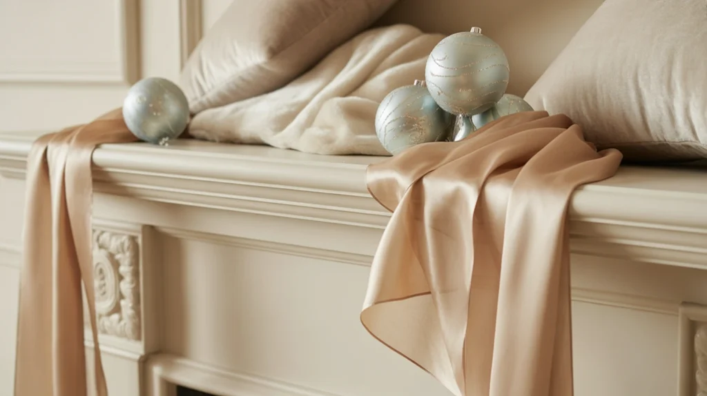 Blue and champagne-gold Christmas decorations combining pale blue ornaments and golden accents for a soft glam look.